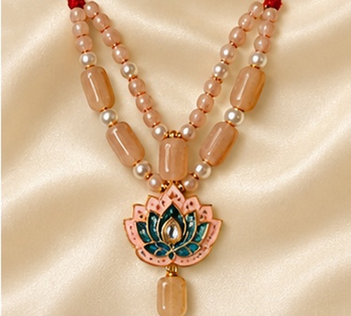 Kundan Meenakari Radha Krishna Mala – Peach (Style 013)