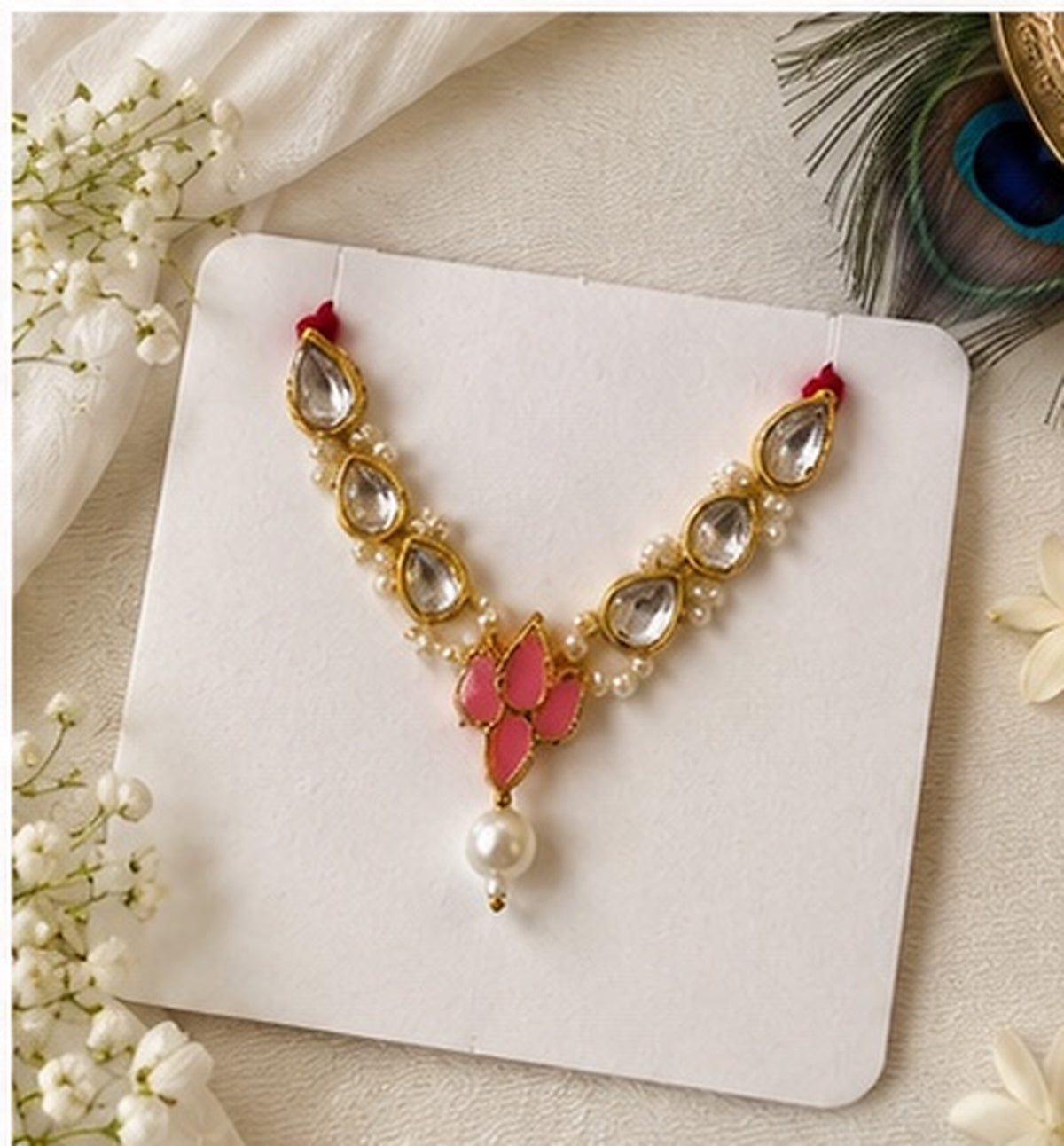 Kundan Meenakari Radha Krishna Mala – Pink (Style 002)