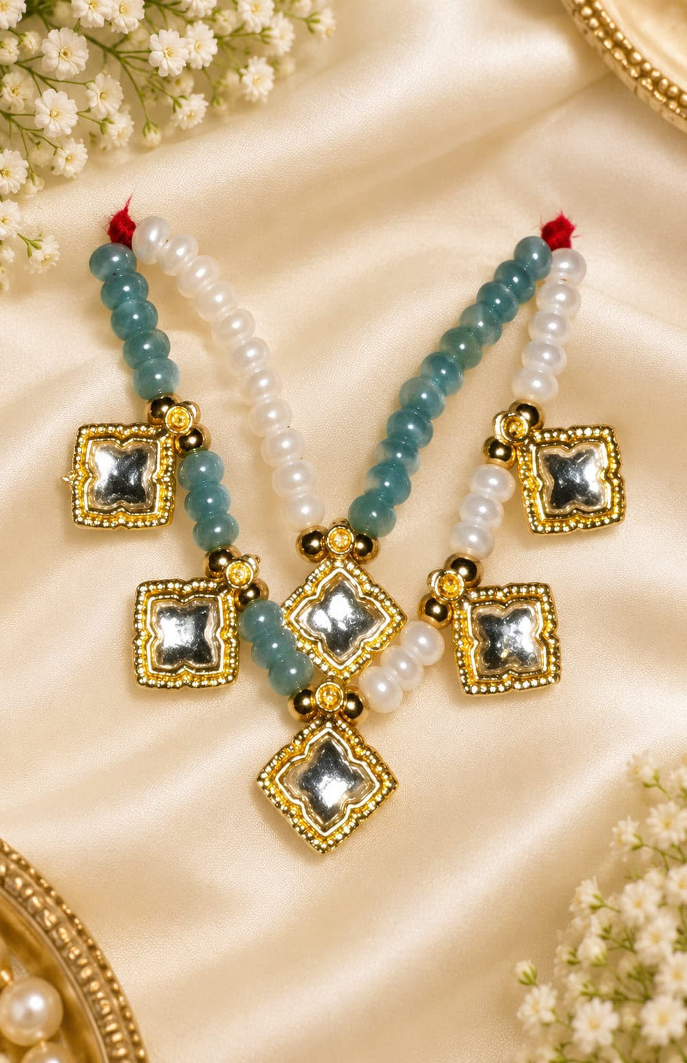Kundan Meenakari Radha Krishna Mala – Sky Blue & White