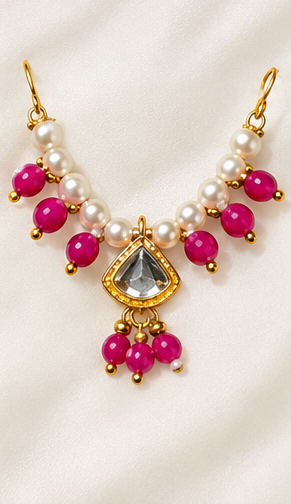 Kundan Meenakari Radha Krishna Matha Patti – Pink
