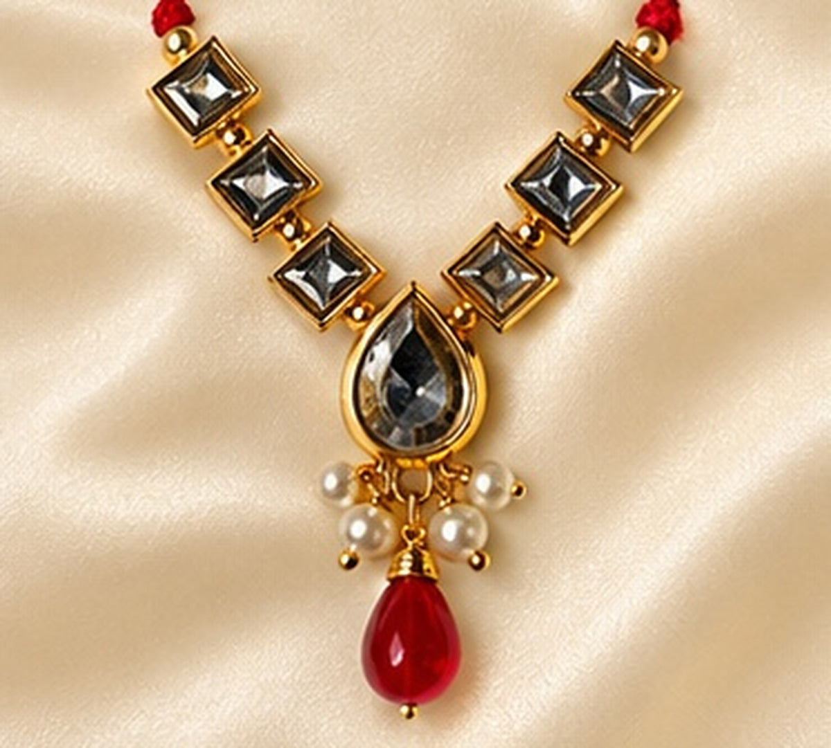 Kundan Meenakari Radha Krishna Mala – Red (Style 007)