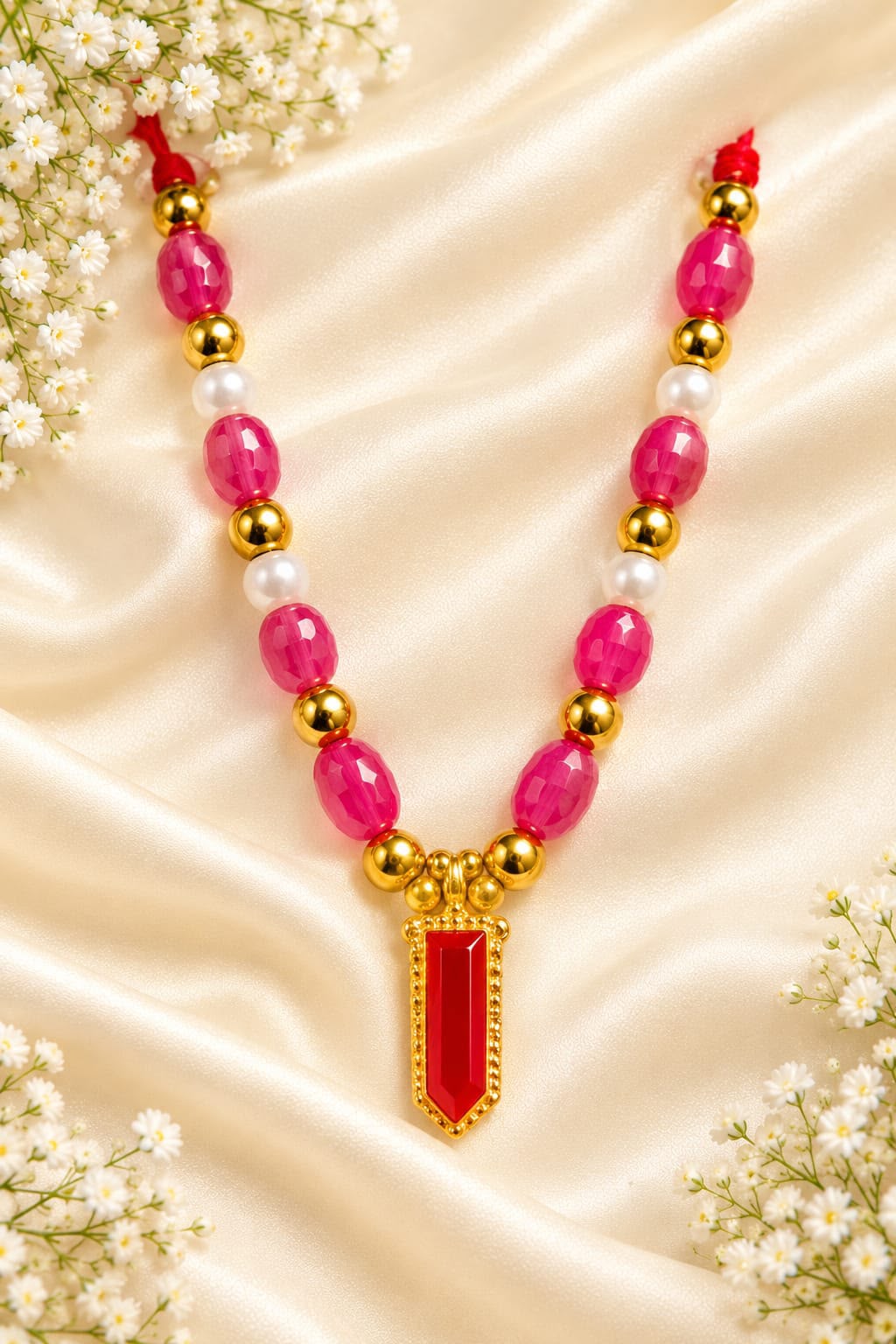 Kundan Meenakari Radha Krishna Mala – Red & Pink