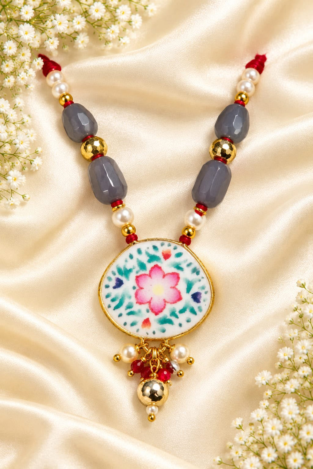 Kundan Meenakari Radha Krishna Mala – Grey & Pink
