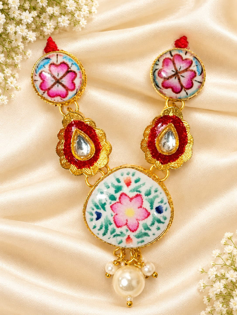 Kundan Meenakari Radha Krishna Mala – Red & Pink (Style 024)