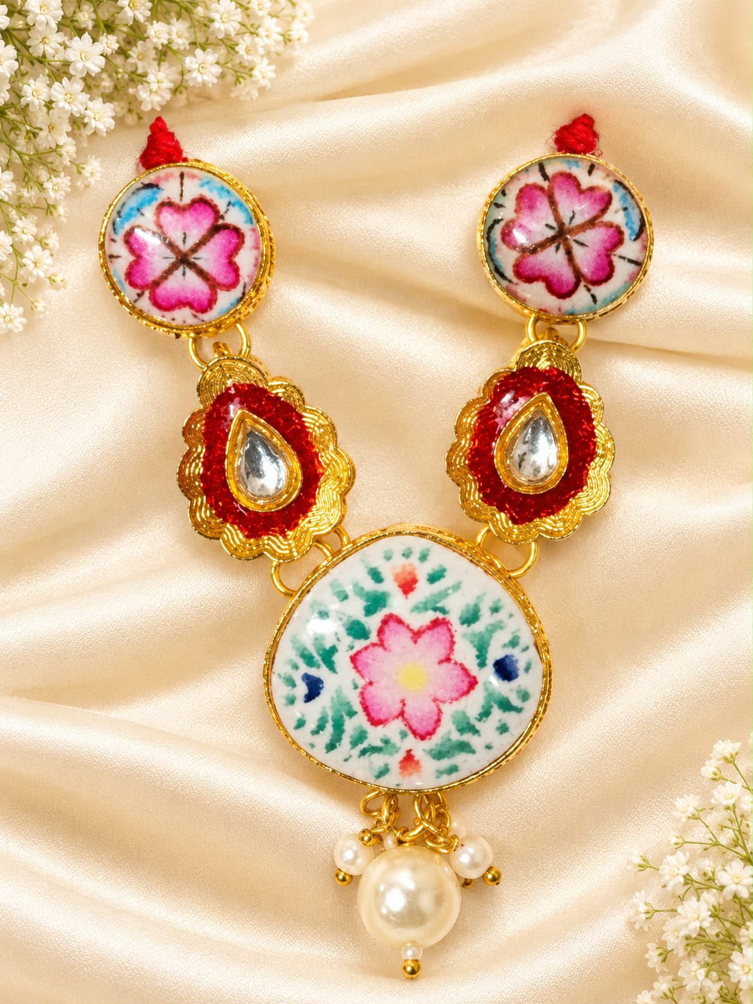 Kundan Meenakari Radha Krishna Mala – Red & Pink (Style 024)