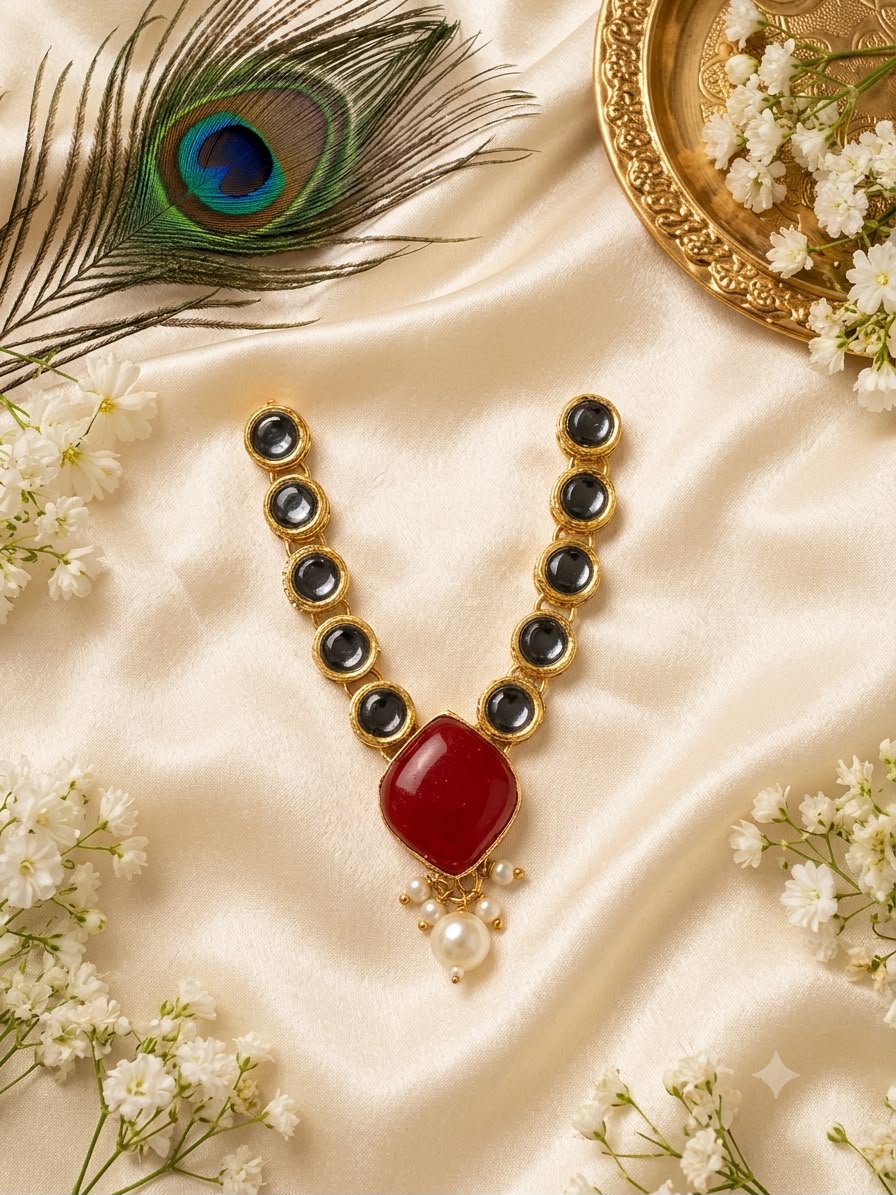 Kundan Meenakari Radha Krishna Mala – Red (Style 010)