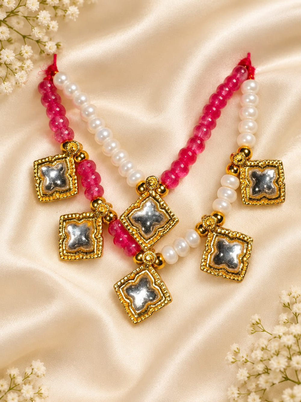 Kundan Meenakari Radha Krishna Mala – Pink & White