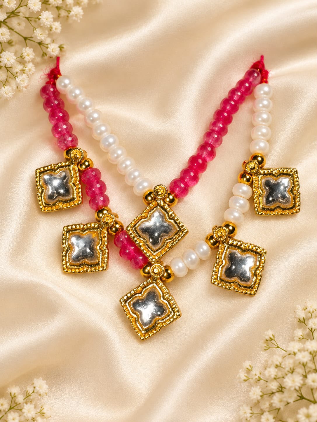 Kundan Meenakari Radha Krishna Mala – Pink & White